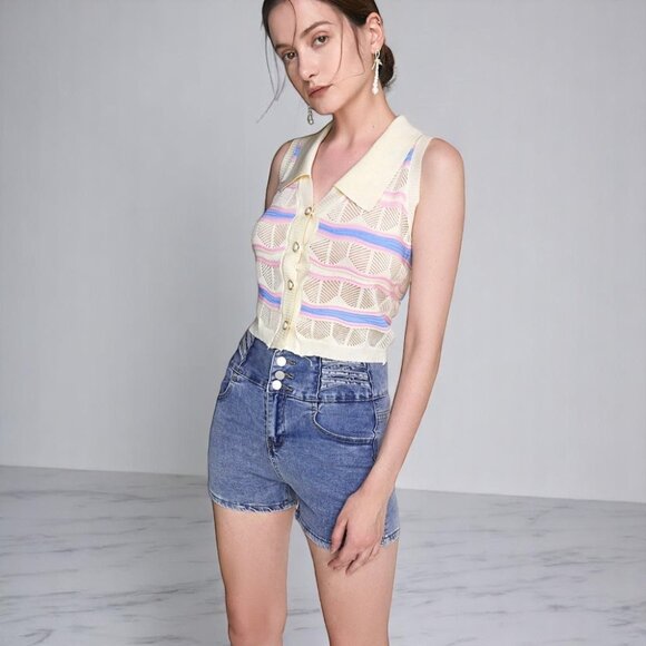 NWT J.ING Ivory Striped Button-Up Knitted Collar Vest One Size - Picture 2 of 7